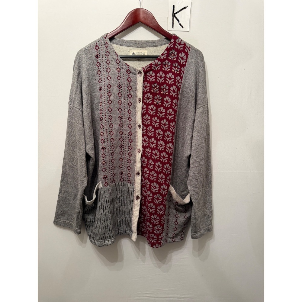 Marketplace Handwork of India Cardigan Mixed Media Embroidered Grey Burgundy